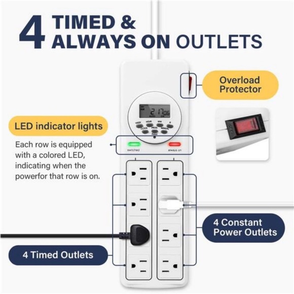 8-Outlet Power Strip with Digital Timer (4 Outlets Timed, 4 Outlets Always On) - Picture 5 of 6